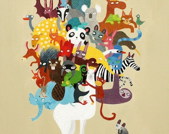 Lama and animals print, animals of the world  A4 print, nursery art