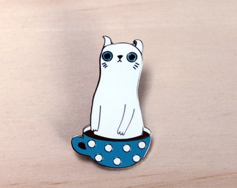 Coffee cat pin - caffeine cat in a cup enamel pin- coffee cup -tea cup lapel pin - Scottish fold cat