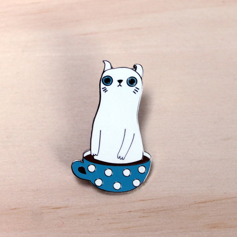 Coffee cat pin caffeine cat in a cup enamel pin coffee cup tea cup lapel pin Scottish fold cat image 1