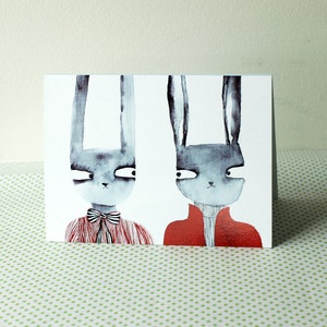 Rabbits in Red card romantic couple greeting card, love, wedding, grey and red blank card image 2