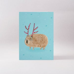 Wombat in antlers card - Christmas in Australia blank greeting card