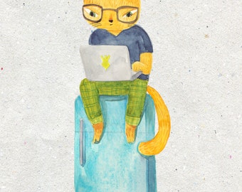 Work from home cat (on a fridge)- A4 print
