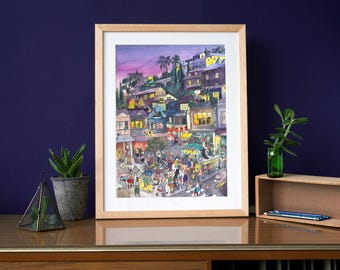 Purple town - lively city square art print
