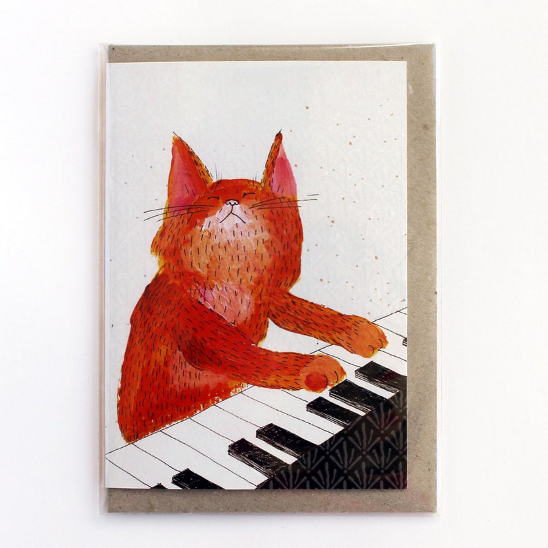 Cat playing piano ginger music cat blank greeting card image 2