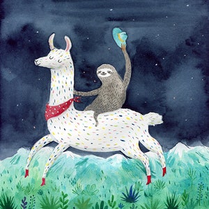 Sloth riding lama A3 print, sloth illustration, lama adventures print