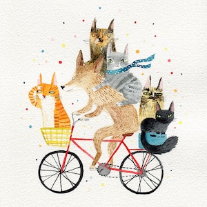 Dog and 5 cats, cycling animals A4 print