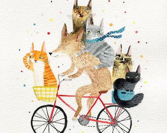 Dog and 5 cats, cycling animals A4 print