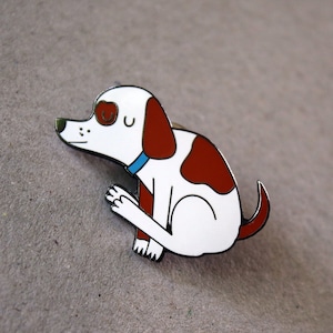 Dog dragging bum enamel pin, funny nasty spotted dog lapel pin image 1