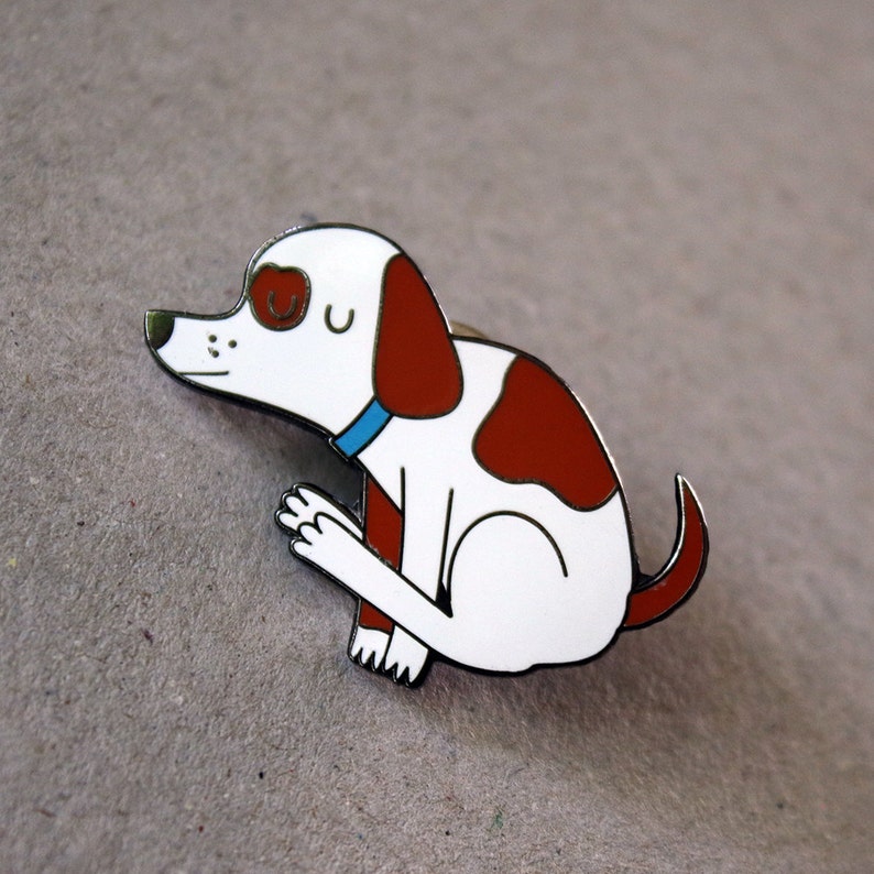 Dog dragging bum enamel pin, funny nasty spotted dog lapel pin image 1