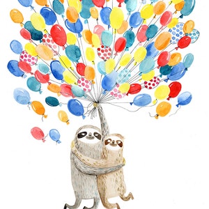 Flying balloon sloths A4 print sloth couple in love illustration image 3
