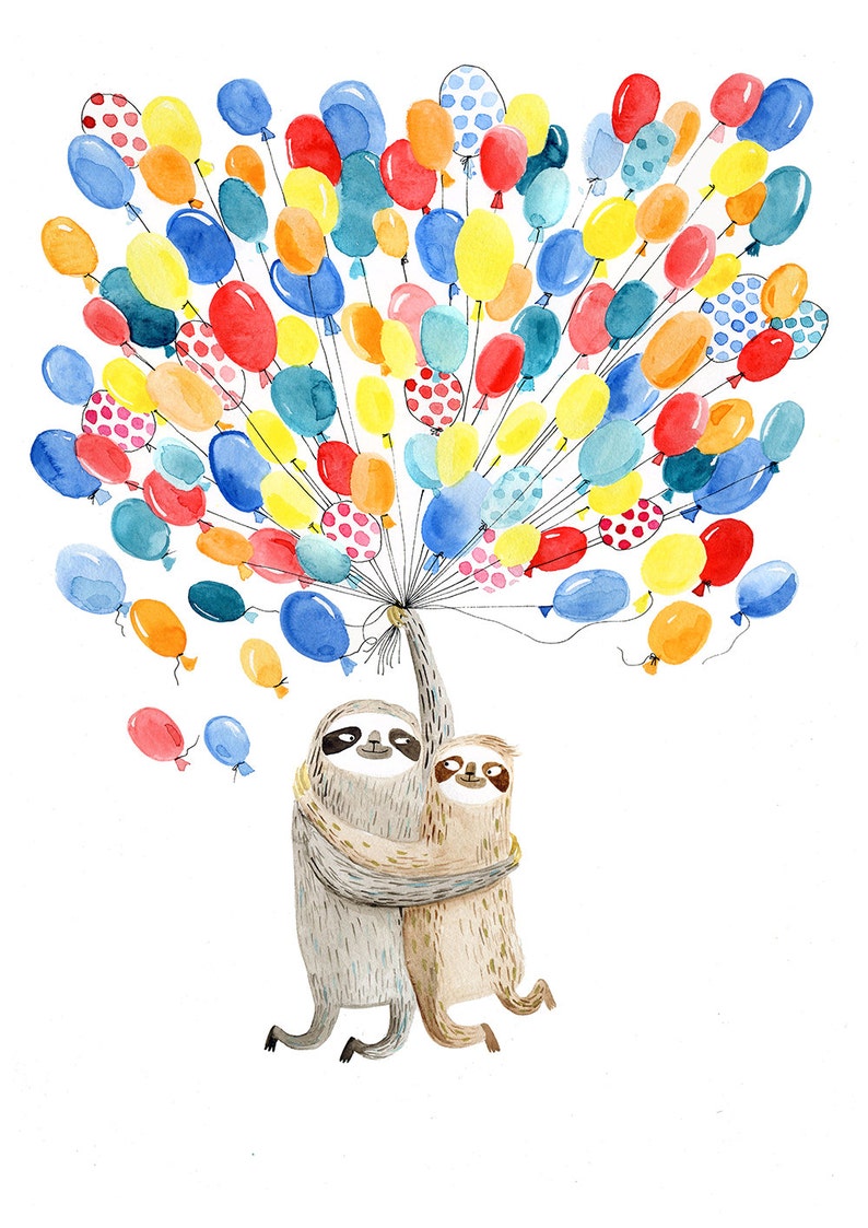 Flying balloon sloths A4 print sloth couple in love illustration image 3