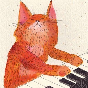 Gato tocando piano - tarjeta de felicitación en blanco gato de música de jengibre