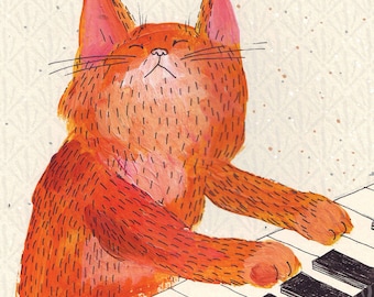 Cat playing piano - ginger music cat blank greeting card