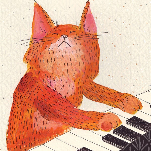 Cat playing piano - ginger music cat blank greeting card