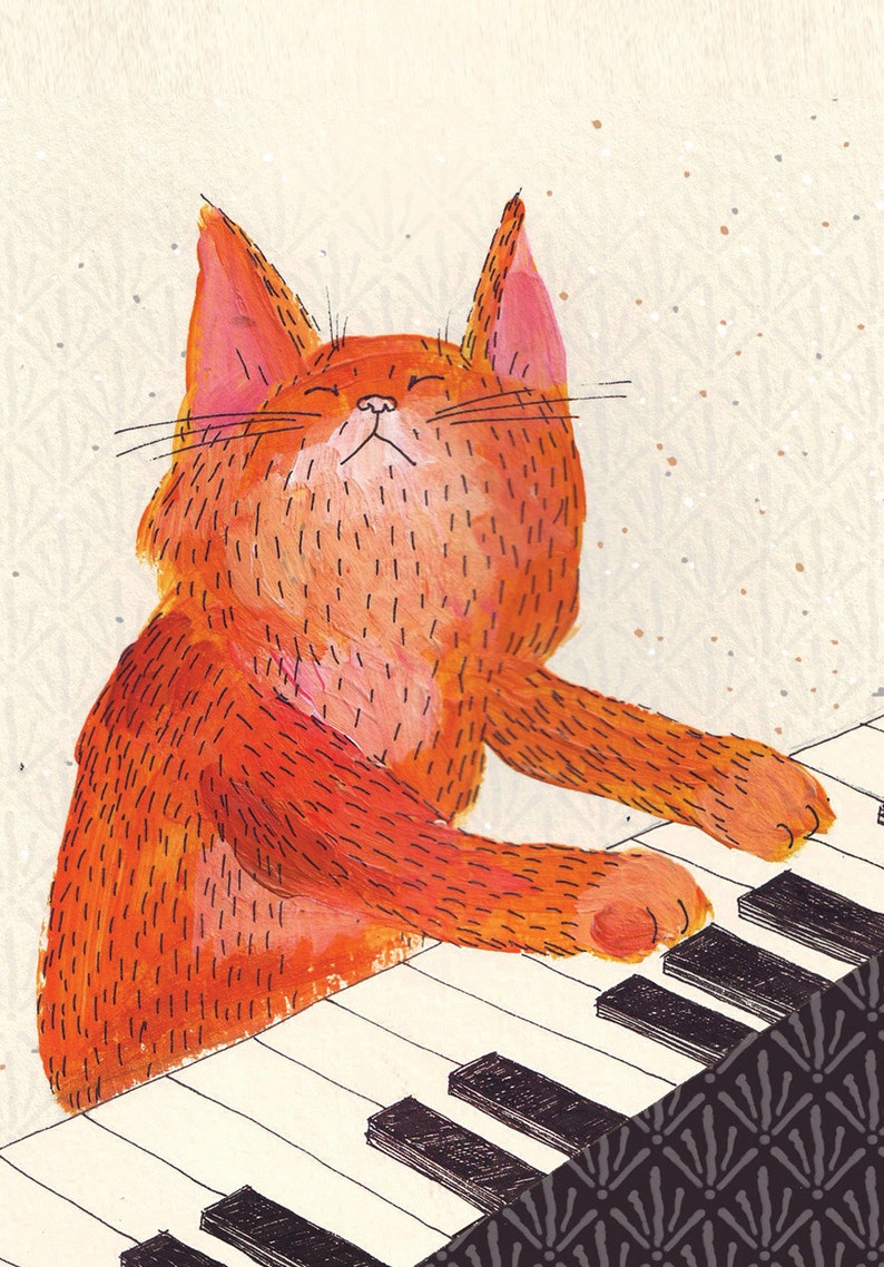 Cat playing piano ginger music cat blank greeting card image 1
