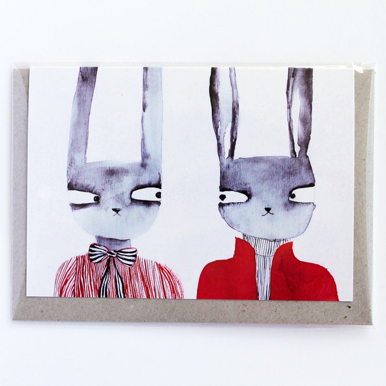 Rabbits in Red card romantic couple greeting card, love, wedding, grey and red blank card image 3