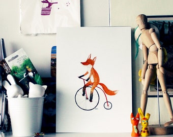 Cycling fox print - A4, bicycle art
