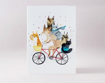 Dog and 5 cats on bike card, cycling animals, blank card