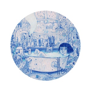 Blue bath A4 print, round circle illustration print