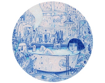Blue bath A4 print, round circle illustration print