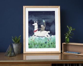 Sloth and lama A4 print - Riding in the mountains watercolour illustration