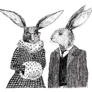 Invierno conejo par tarjeta - amor romántico, día de San Valentín o tarjeta de boda blanco y negro, en blanco con envoltura