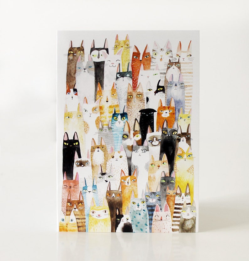 Cat cat card, blank cat greeting card, lots of cats image 1