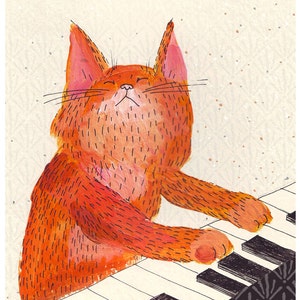 Kat speelt piano afdrukken - gember muziek kat A4 afdrukken, speel hem af