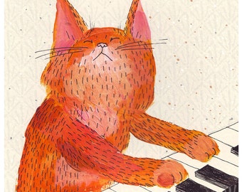 Cat playing piano print - ginger music cat A4 print, play him off