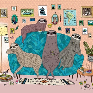 Lazy sloths A3 print - sloth room colour illustration