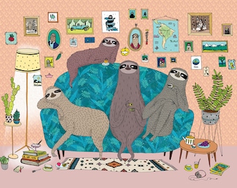 Lazy sloths A3 print - sloth room colour illustration