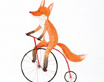 Cycling fox card - blank greeting card, bicycle