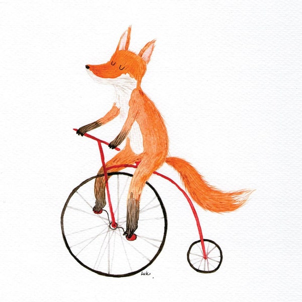 Cycling fox card - blank greeting card, bicycle
