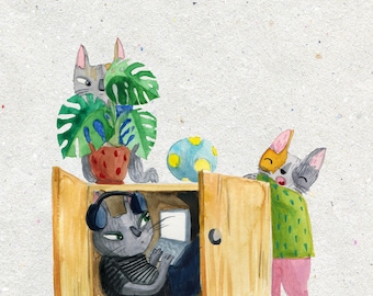 Work from home cat (and kitten)- A4 print