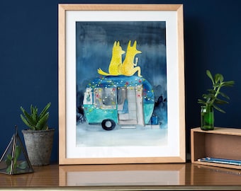Caravan dingoes - camping dogs art print - multiple sizes