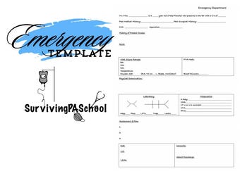 May include: A white emergency template with the words "Emergency Template" in black script over a blue splash. Below, the text "Surviving PASchool" is displayed with medical-themed illustrations.