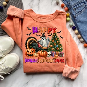 Sweter Happy Hallothanksmas | Sweter Happy Halloween Thanksgiving Christmas, zabawny prezent na Halloween, koszulka Hallothanksmas, koszulka na sezon świąteczny