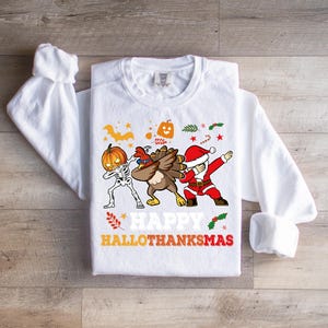 Bluza z napisem Happy Hallothanksmas | Bluza z napisem Happy Halloween, Święto Dziękczynienia, Boże Narodzenie, koszulka z napisem Hallothanksmas, zabawny prezent na Halloween, sezon świąteczny