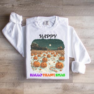 Bluza z nadrukiem Happy Hallothanksmas | Sweter z napisem Happy Halloween, Święto Dziękczynienia, Boże Narodzenie, Zabawny prezent na Halloween, Koszulka z napisem Holiday Season, Hallothanksmas