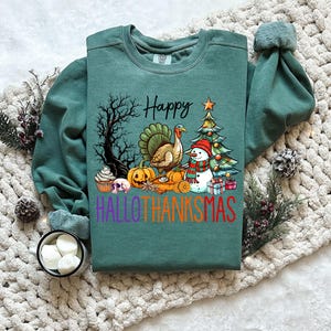 Sweter Happy Hallothanksmas | Sweter Happy Halloween Thanksgiving Christmas, zabawny prezent na Halloween, koszulka Hallothanksmas, koszulka na sezon świąteczny