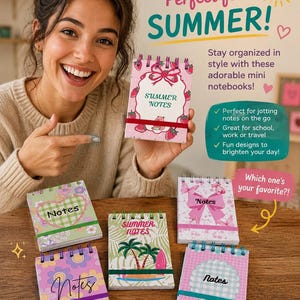 May include: A collection of mini notebooks with various designs, including strawberries, flowers, and tropical scenes. Each notebook features the word "Notes" or "Summer Notes" on the cover. The notebooks are held by a person smiling.