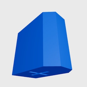 May include: A blue, rectangular box with a slightly rounded top and bottom. The box is sitting on a white surface.