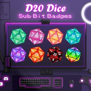 Puede incluir: Ilustración digital con ocho dados D20 coloridos que se muestran en una pantalla de computadora. El texto "D20 Dice Sub Bit Badges" está encima de los dados. También se ven un teclado, un ratón y un mando de juego.