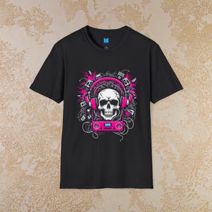 Maglietta Boom Box Skull con stampa punk hip hop e teschio, nera e neon, stile streetwear, abbigliamento per uomo e donna, regalo per festival, costume di Halloween.