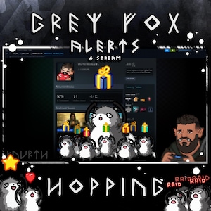 May include: Digital art featuring the text "GREY FOX ALERTS 4 STREAM" in white, stylized lettering. The image includes pixelated characters, gift boxes, and a cartoon fox character. The word "HOPPING" is also displayed.
