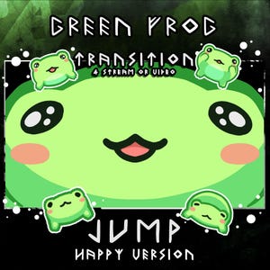 May include: A digital graphic featuring a large, smiling green frog face with four smaller frog illustrations around it. The text "GREEN FROG TRANSITION" and "JUMP HAPPY VERSION" is displayed in white, stylized lettering on a black background.