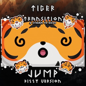 Peut inclure: Graphique numérique avec un design de visage de tigre orange et noir, avec les mots "TIGER TRANSITION" et "JUMP" en blanc. Quatre têtes de tigre de dessin animé sont placées autour du design central. Le texte "4 STREAM OR VIDEO" et "DIZZY VERSION" sont également inclus.