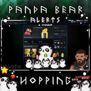 May include: A digital graphic with the text "Panda Bear Alerts 4 Stream" in white. The image features pixelated pandas, gift boxes, and a person playing a game. The word "Hopping" is also displayed.