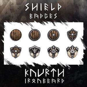 May include: An illustration of eight shield badges with various designs. The top text reads "SHIELD BADGES" and the bottom text reads "KNURTH IRONBEARD". The shields include wooden and metal designs, some with decorative elements.