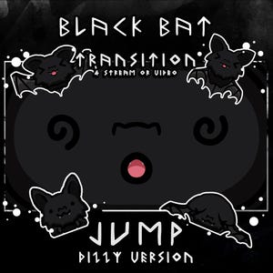 Peut inclure: Un graphique numérique présentant quatre chauves-souris noires avec des contours blancs et des bouches roses. Le texte indique BLACK BAT TRANSITION 4 STREAM OR VIDEO et JUMP DIZZY VERSION. Le centre est un ovale sombre avec deux spirales.